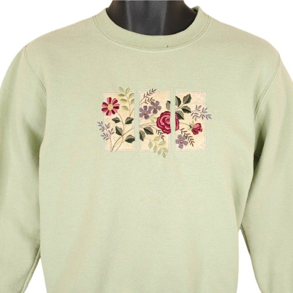 Vintage Floral Sweatshirt Mens Size Small Green 90s Y2K Granny Core Flowers